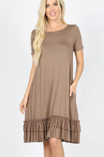 Women Scoop Neck Short Sleeve Flare Ruffle Dress with Pockets
