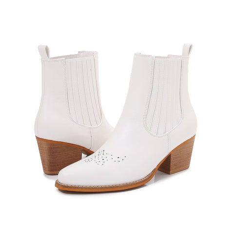 Women PU Leather Perforated Front Stacked Heel Ankle Boots with Elastic Side Gussets